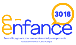 Logo of e-Enfance with blue and yellow typography and a speech bubble showing the helpline number 3018.
