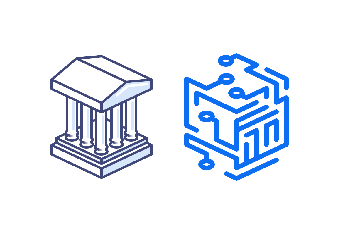 Illustration of classical building and digital cube representing governance and technology