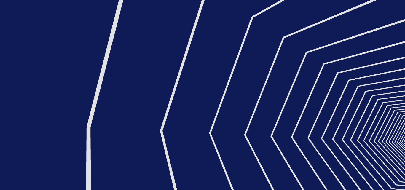Dark blue geometric tunnel made of repeated angular white outlines.