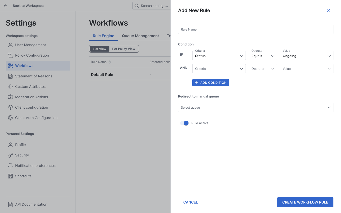 Workflow settings panel with conditions and rule creation form for automation