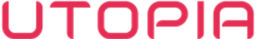 Utopia logo in bold pink geometric font on transparent background