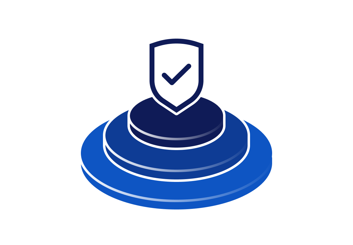 Shield with check mark on layered circular blue podium