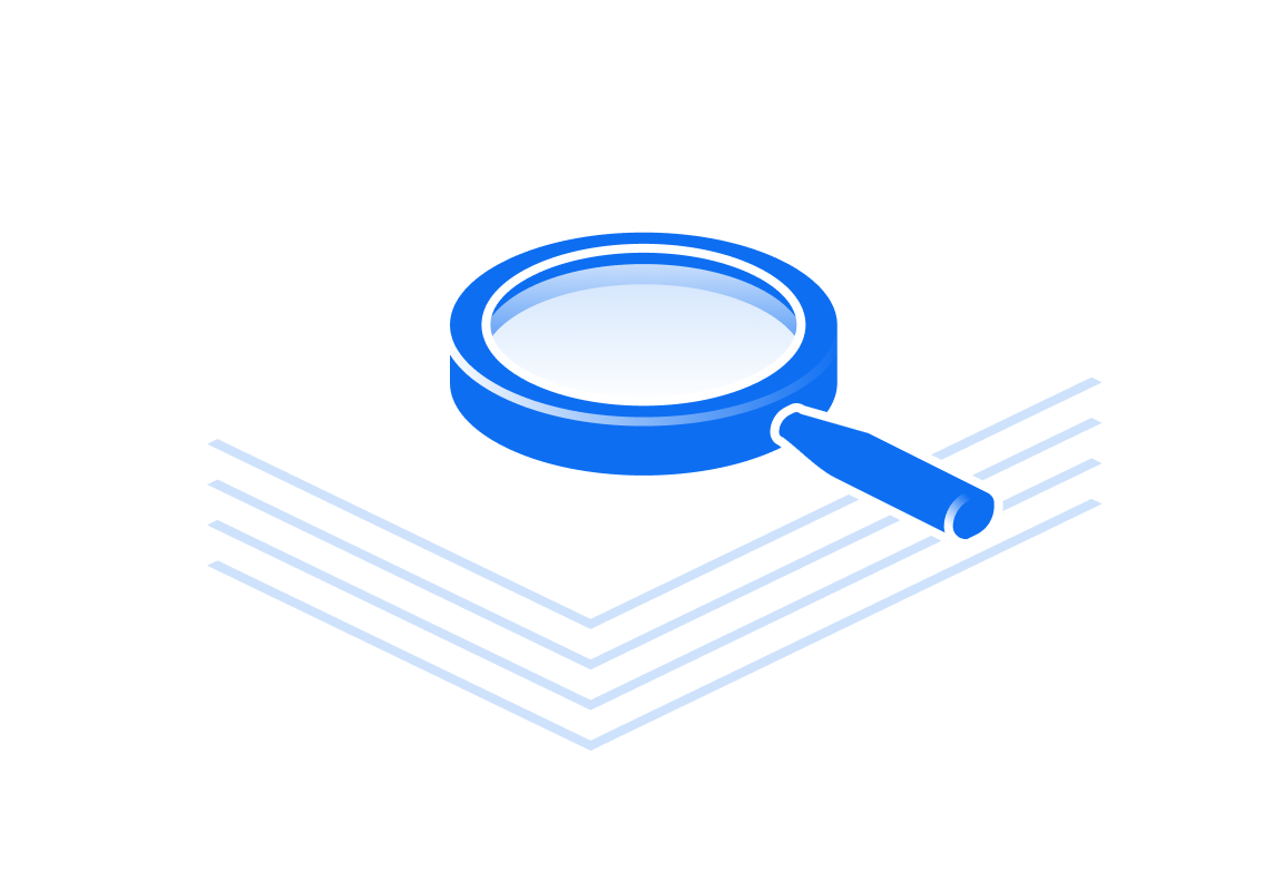 Magnifying glass placed over a stack of white documents