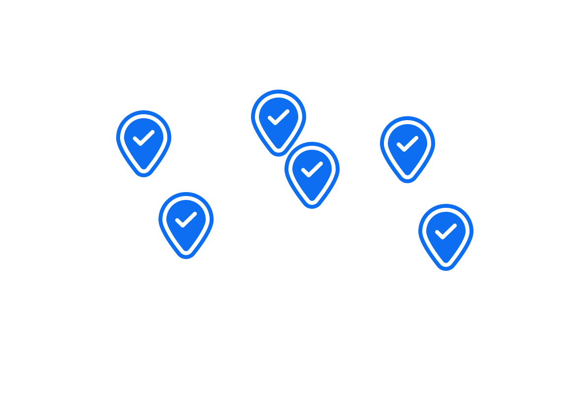 World map with blue check-mark location icons