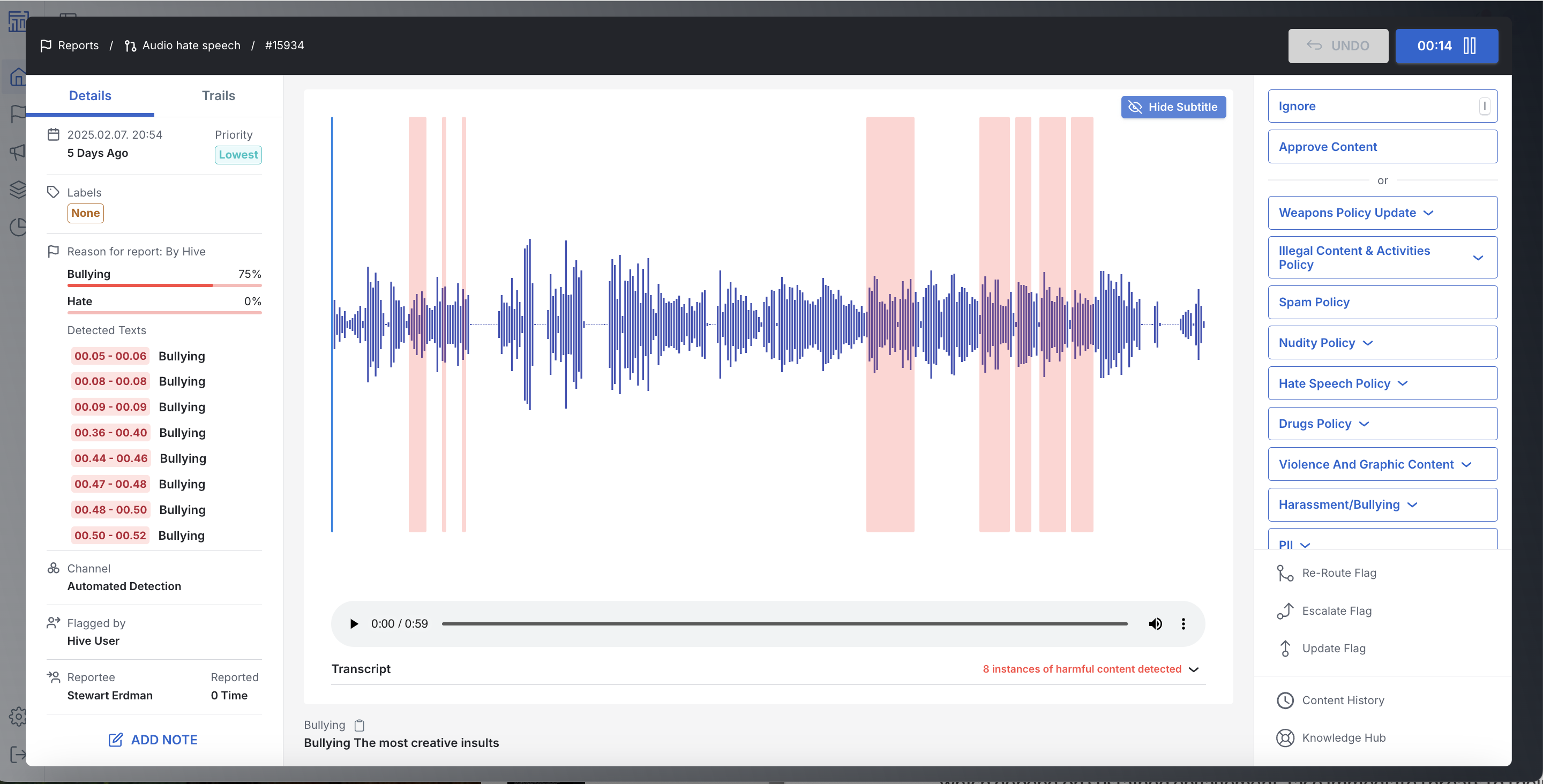 Moderation dashboard showing audio waveform with highlighted bullying segments and policy action buttons.